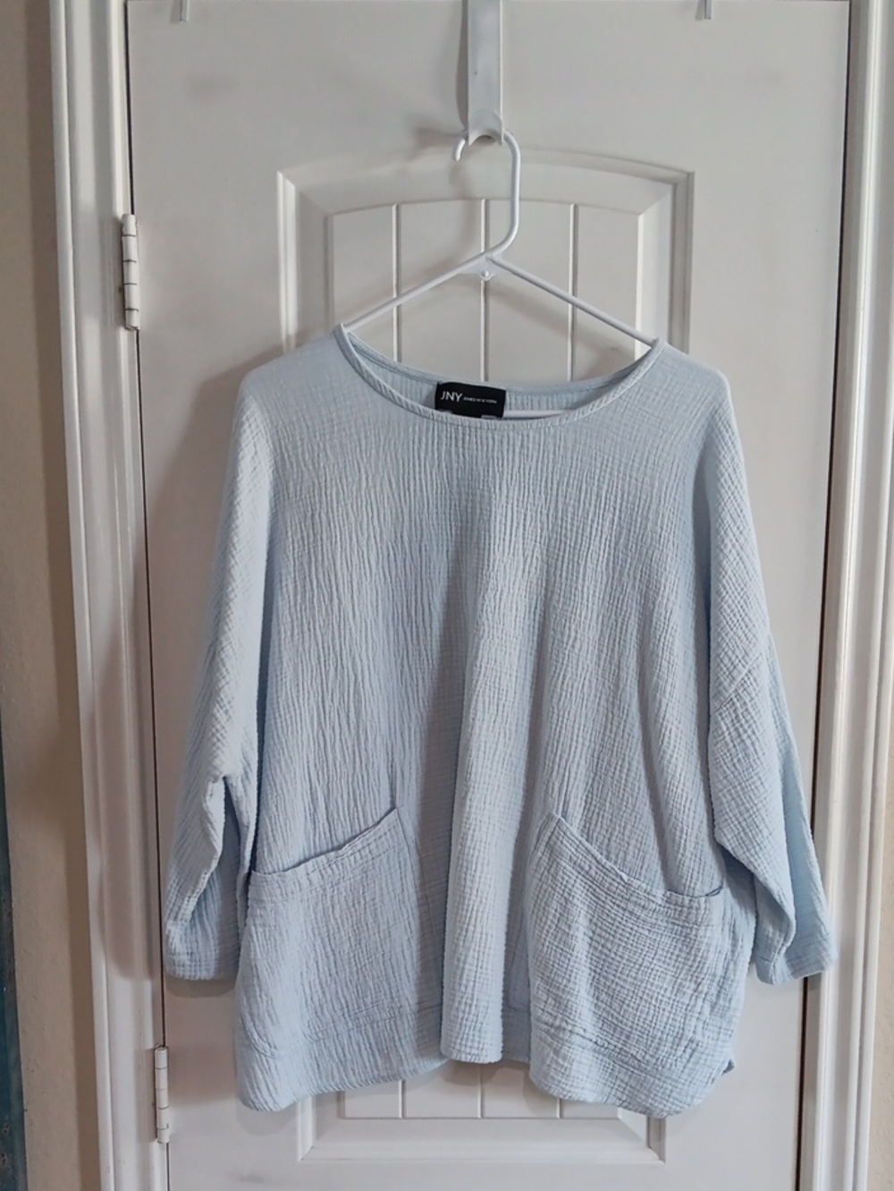 JNY Jones New York 1X Cotton Gauze Pocket Tunic Blouse Light Blue Oversized